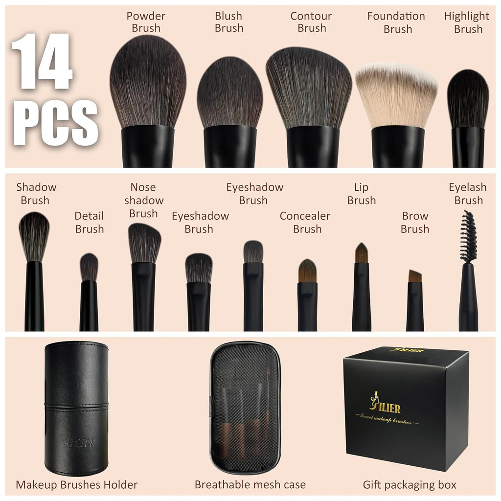 Travel Makeup Brush Set, 14 pcs Mini Makeup Brushes for Foundation, Powder, Eyeshadow, Highlight, Contour, Blush &