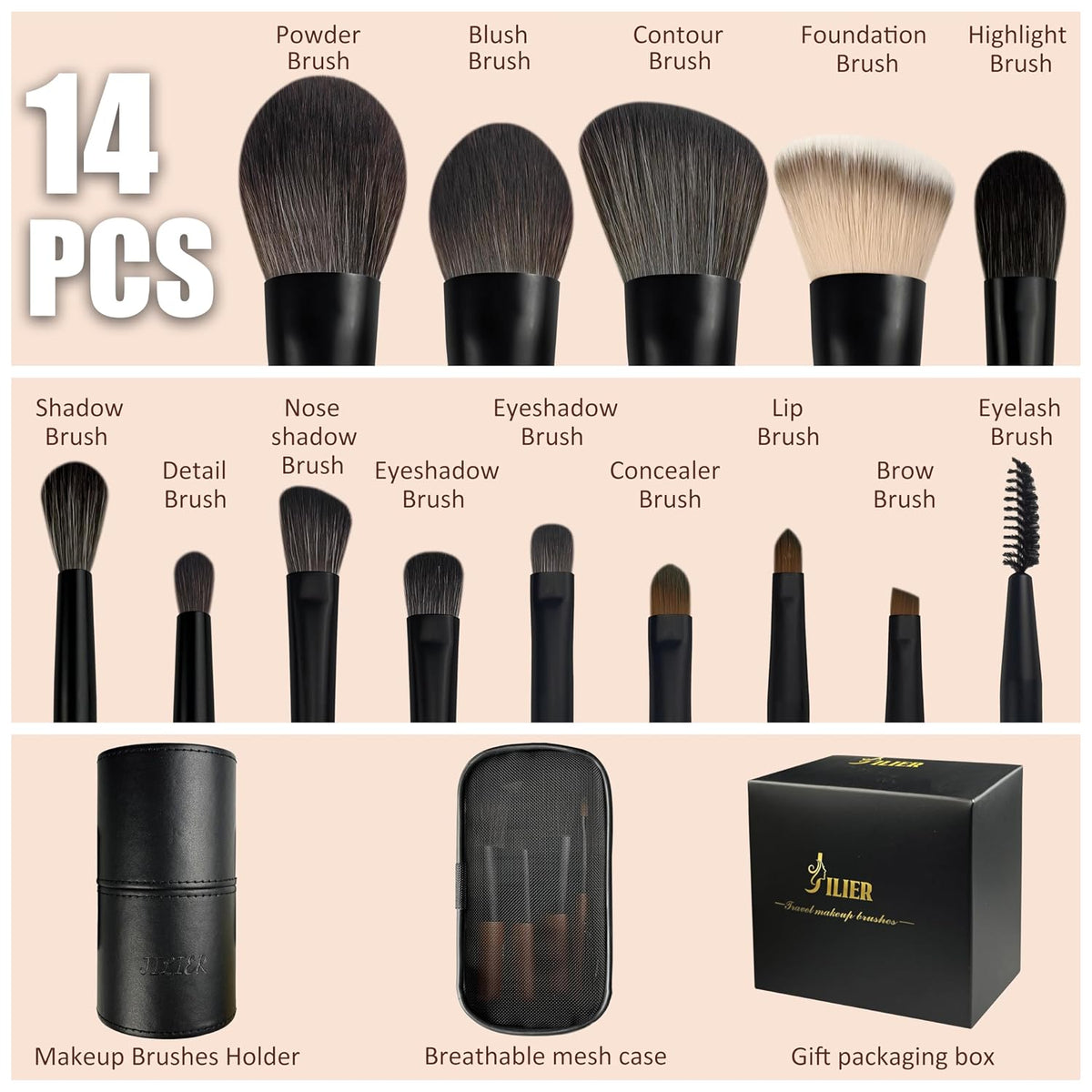 Travel Makeup Brush Set, 14 pcs Mini Makeup Brushes for Foundation, Powder, Eyeshadow, Highlight, Contour, Blush &