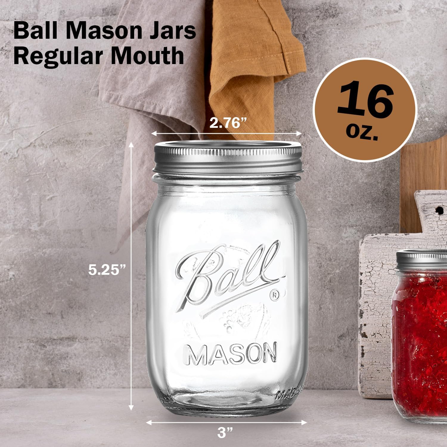 Regular Mouth Mason Jars 16 oz. (12 Pack) - Pint Size Jars with Airtight Lids and Bands for Canning, Fermenting