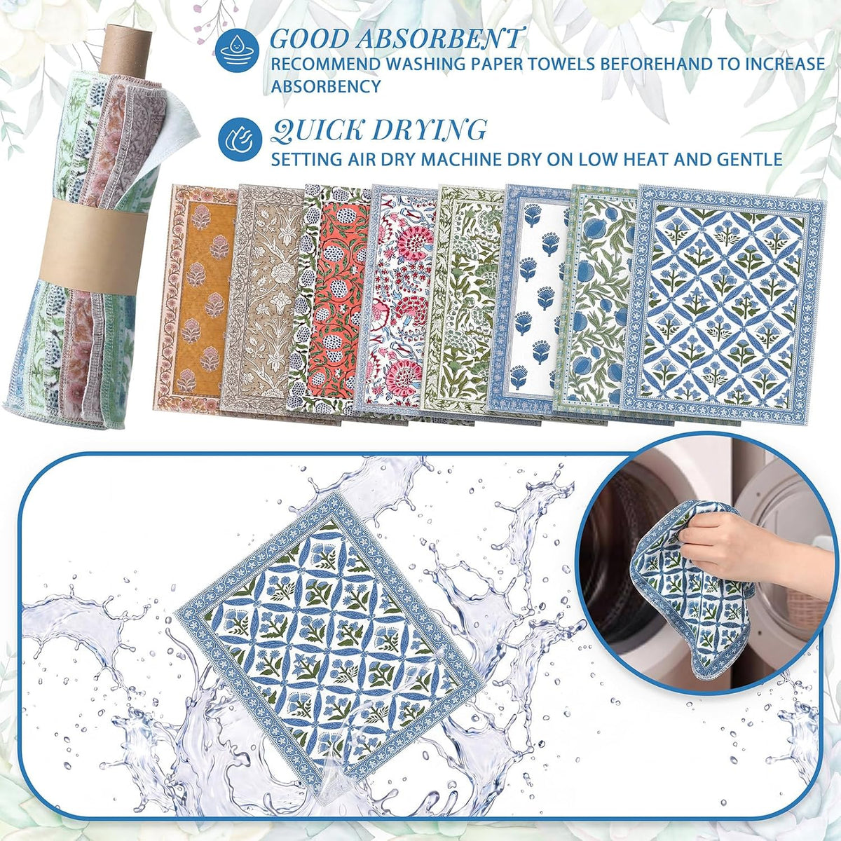 24 Pack Reusable Paper Towels Washable Cloths, Indian Block Print