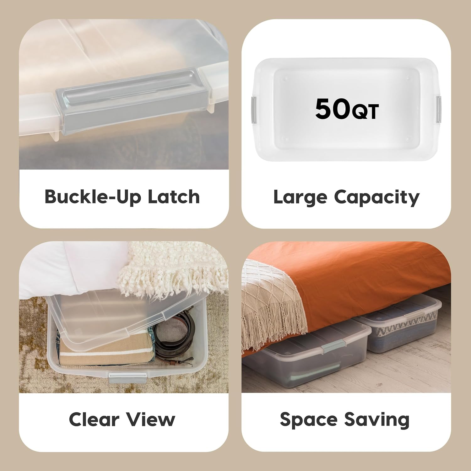 50 Qt Plastic Under Bed Storage Organizer Bin Container with Secure Lids and Durable Buckles, Multi-Purpose for
