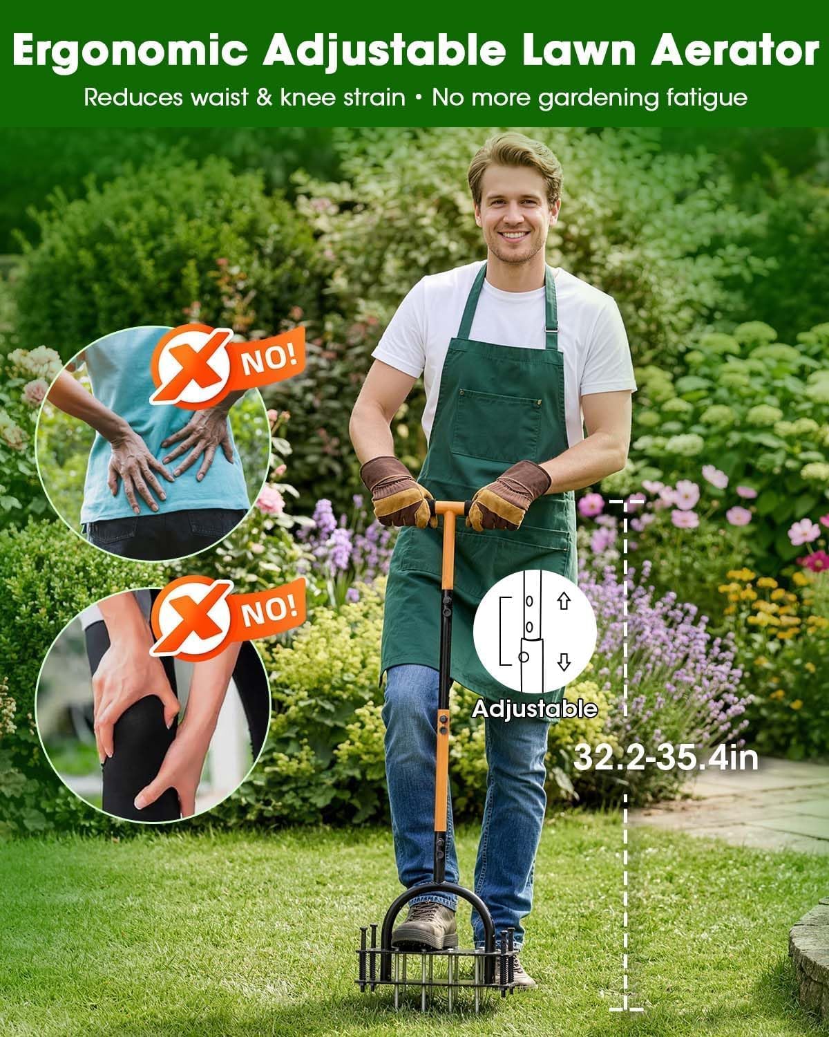 Lawn Aerator Tool - 16 Iron Spikes with Ergonomic T-Handle, Automatic Dirt Clean for Soil Loosening & Yard Aeration