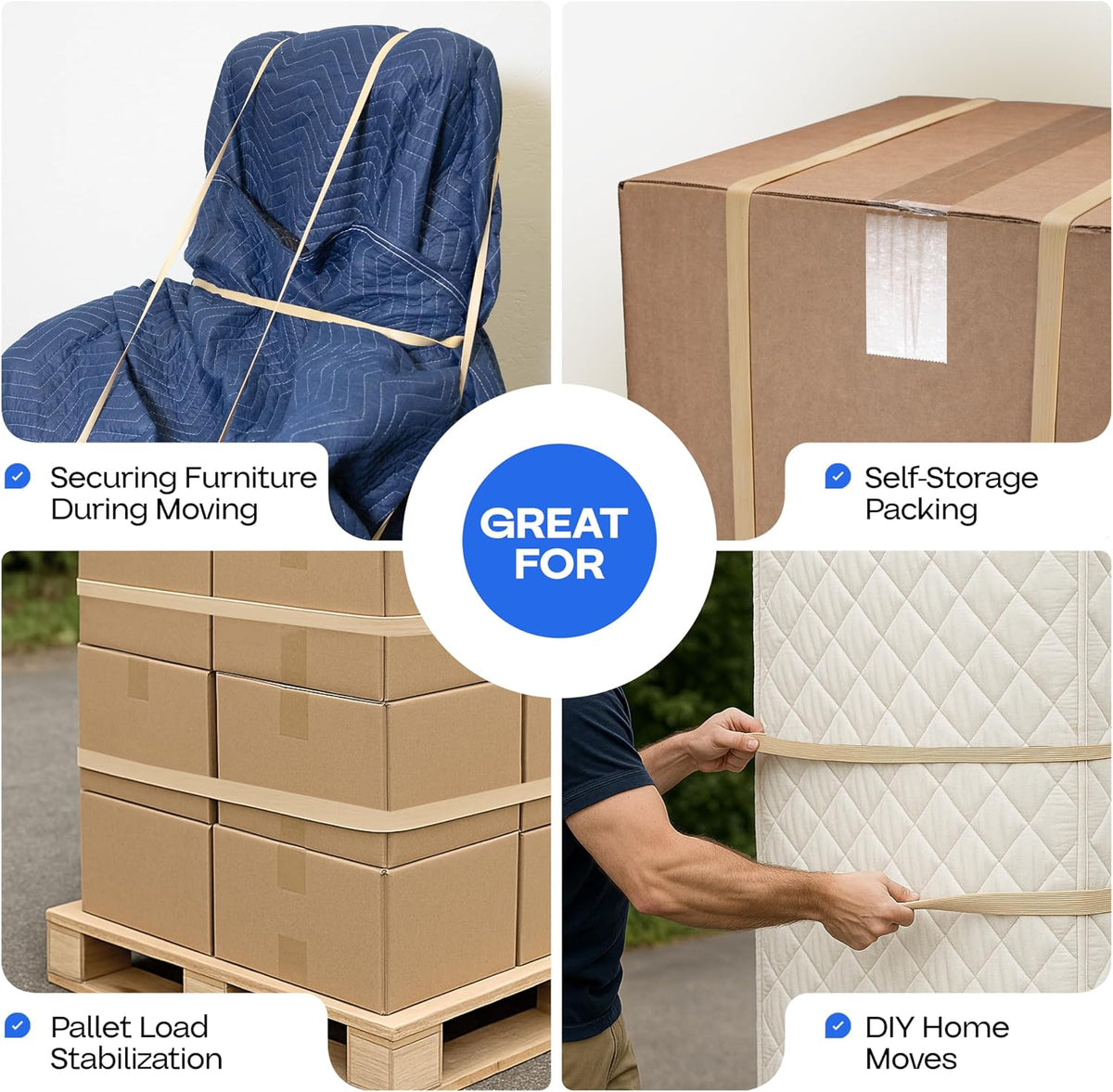 Beige Moving Bands 25", Pack of 4 - USA-Made Mover Rubber Straps for Furniture, Boxes & Moving Blankets - Strong