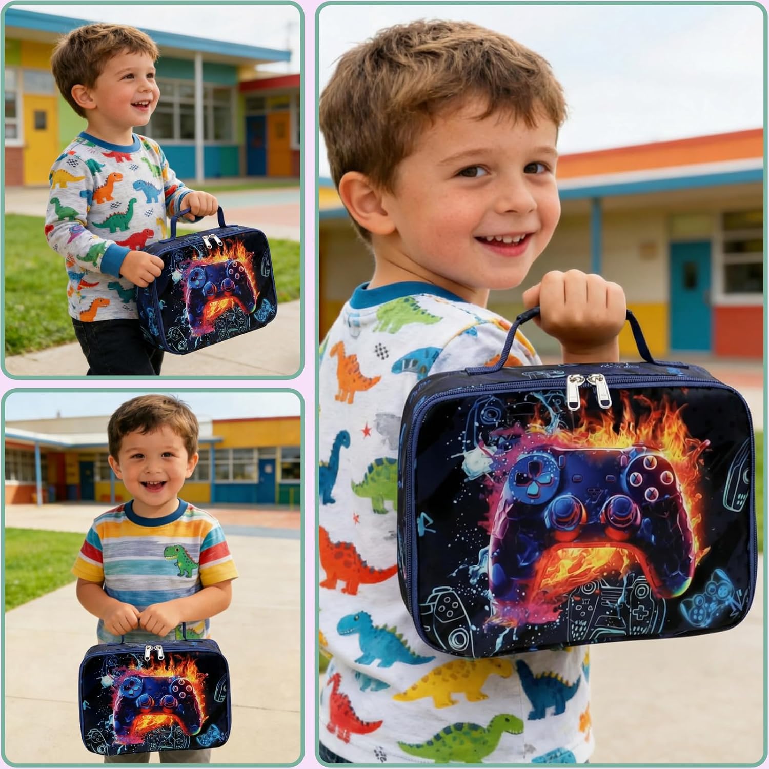 Lunch Box Kids Boys Insulated Lunch Cooler Bag Reusable Lunch Tote Kit for School Travel，Black