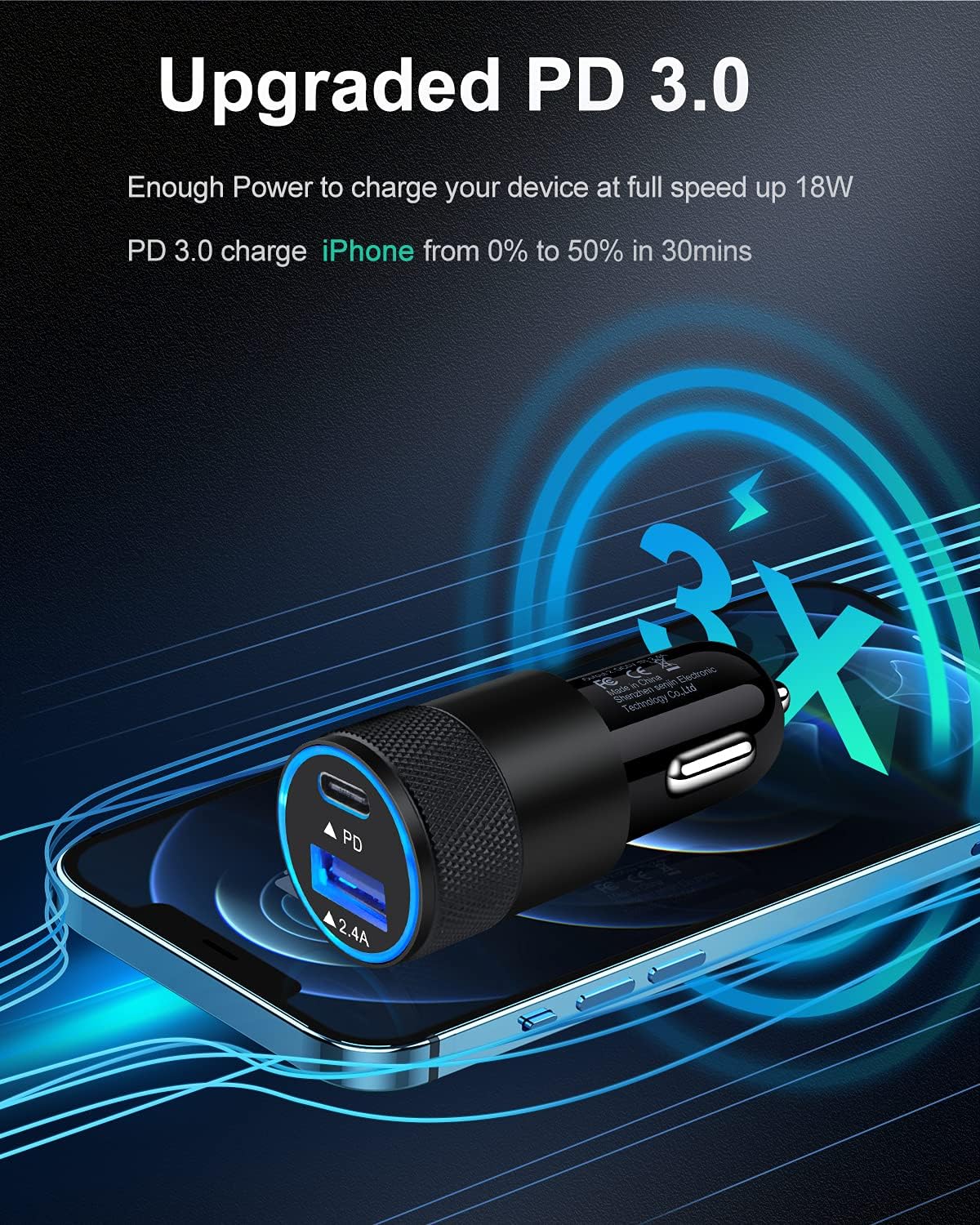 30W PD USB C Car Charger, USB Type C Fast Power Charging Block Dual Port USB A & USBC Plug Cargador Carro Lighter
