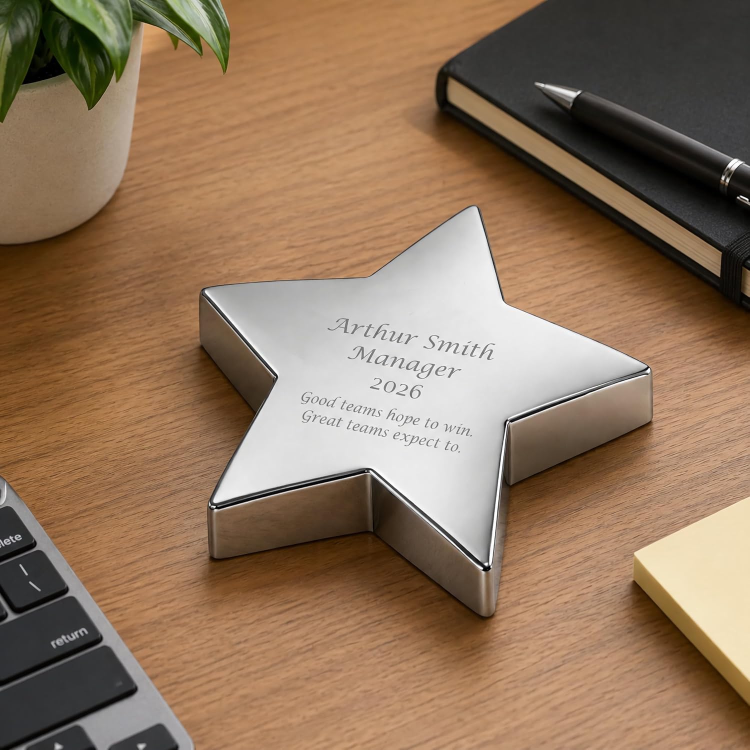 Custom Engraved Silver Star Paperweight – Personalized Office Desk Award & Recognition Gift | Free Engraving - Ships