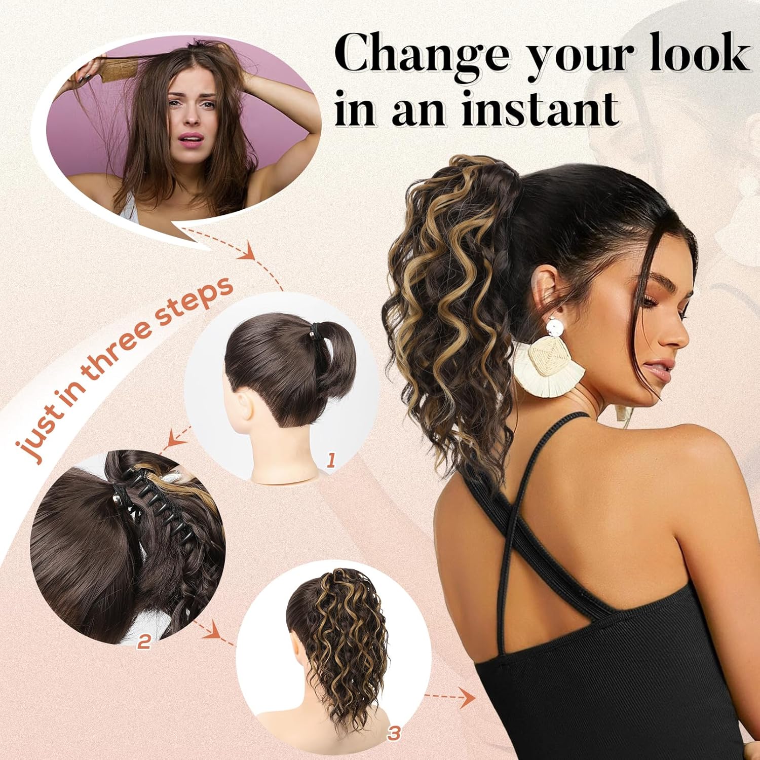 Ponytail Extension, 12" Short Claw Ponytail Extension Wavy Curly Jaw Clip in Pony tails Hair Extension Natural