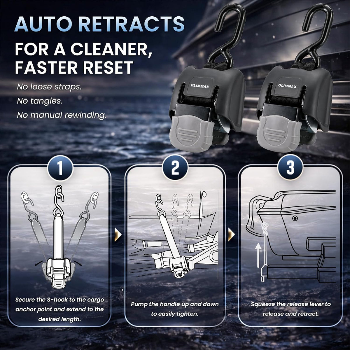 Retractable Boat Transom Tie Down Straps, 2-Pack 2x43in 2500lb