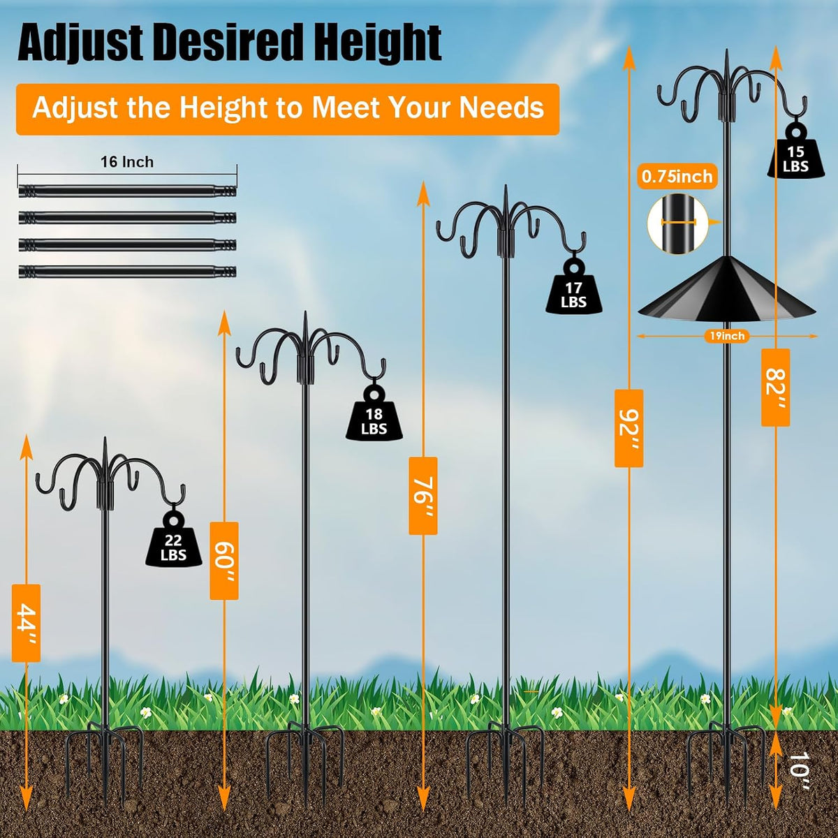 Heavy Duty Shepherds Hook Squirrel-Proof Bird Feeder Pole 92" Four Hooks 5-Prong Base & 19" Baffle for Outdoor