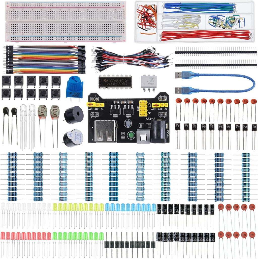 37 Values 480 Pcs Electronics Component Fun Kit with Power Supply Module, Jumper Wire,Precision Potentiometer,830