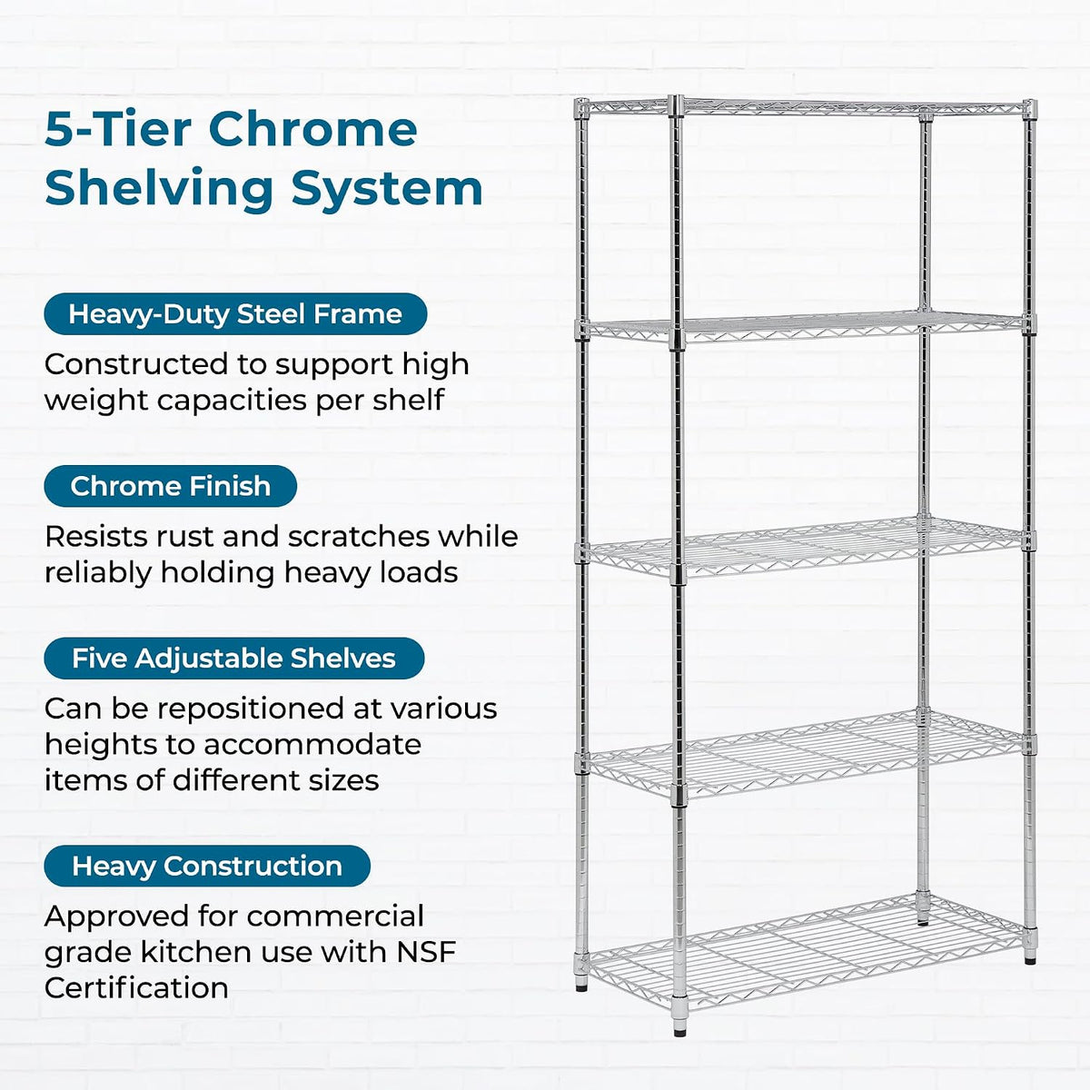 5-Tier Rolling Chrome Wire Shelf, NSF, 350 lb/Shelf, 36x18x72