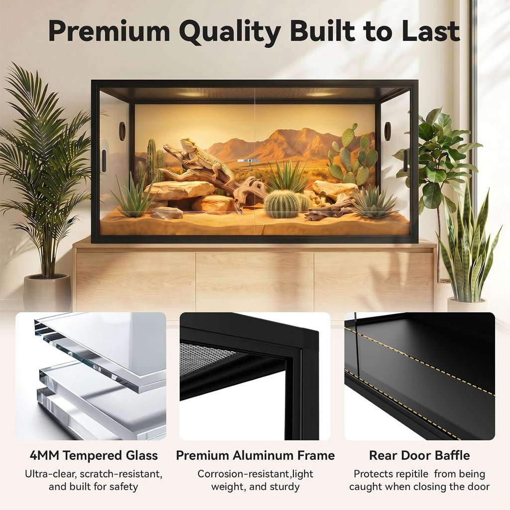 120 Gallon Reptile Enclosure 48" x 24" x 24", Front Opening Reptile Enclosure with Tempered Glass Doors, Safety Lock