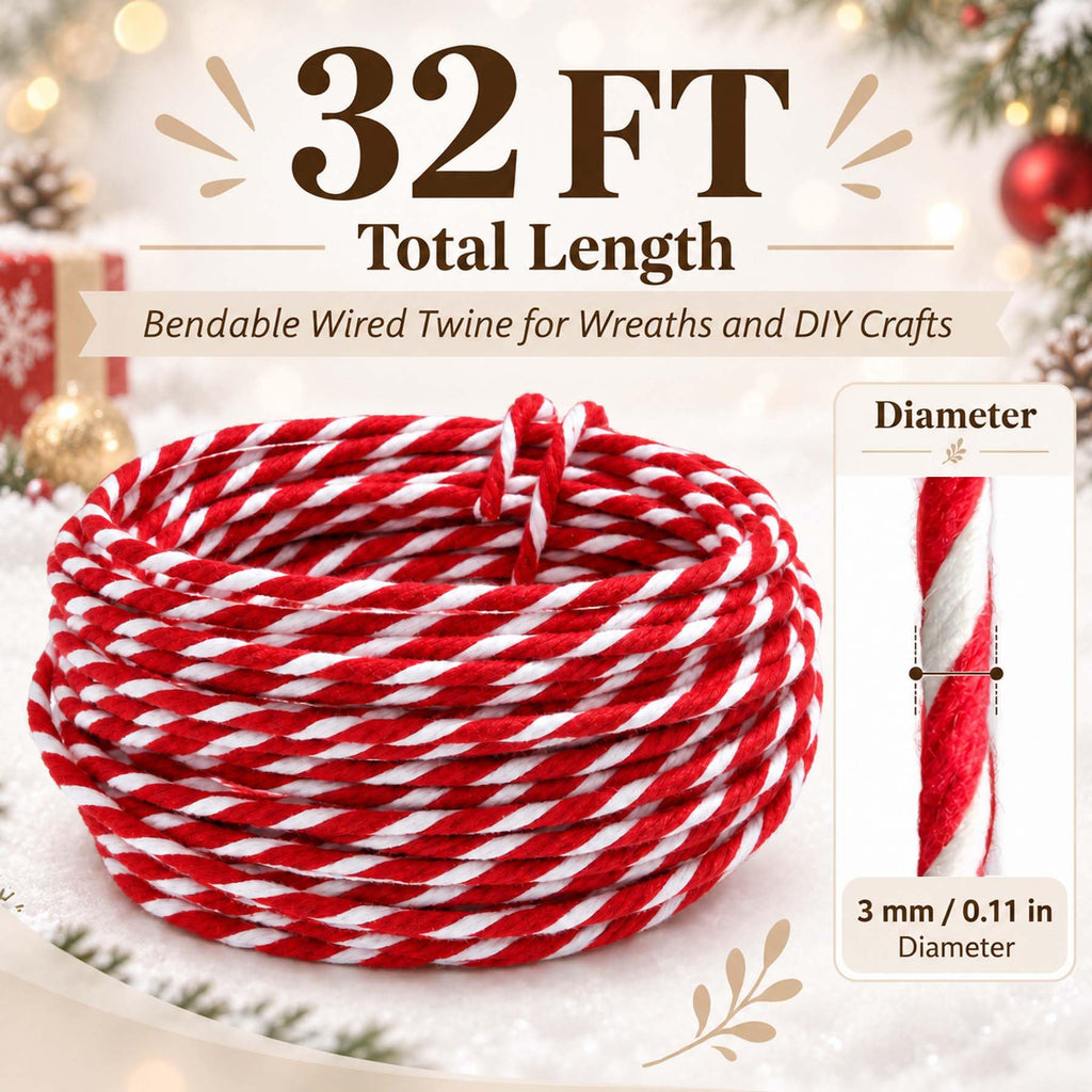 32 Ft Wired Hemp Rope, Bendable Wired Twine for Wreaths andDIY Crafts
