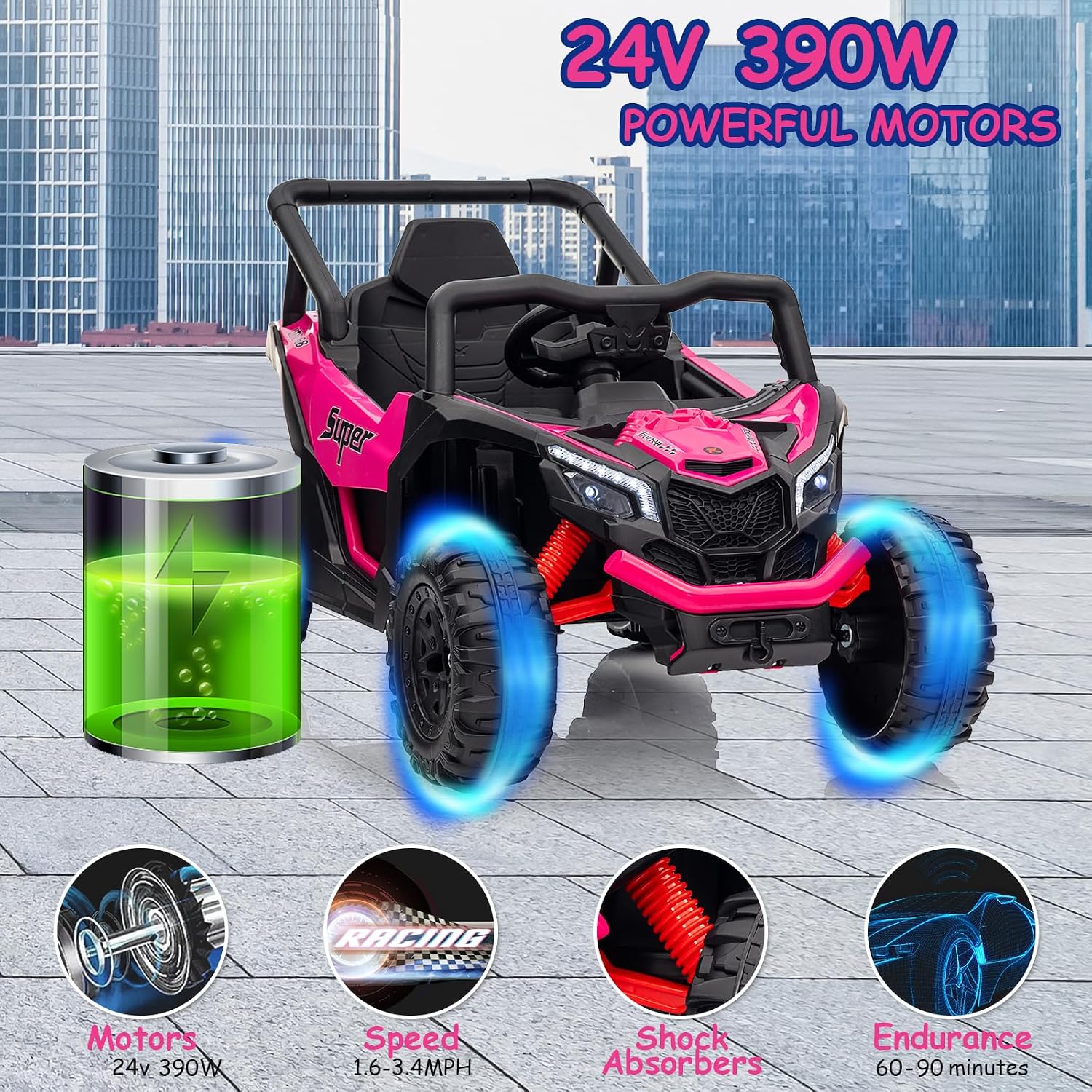 24V Electric Ride on Toy Car w/Remote,Kids 4WD Off-Road UTV Pink | For kids 3-6,Safety Belt,Max 3.4MPH,Music
