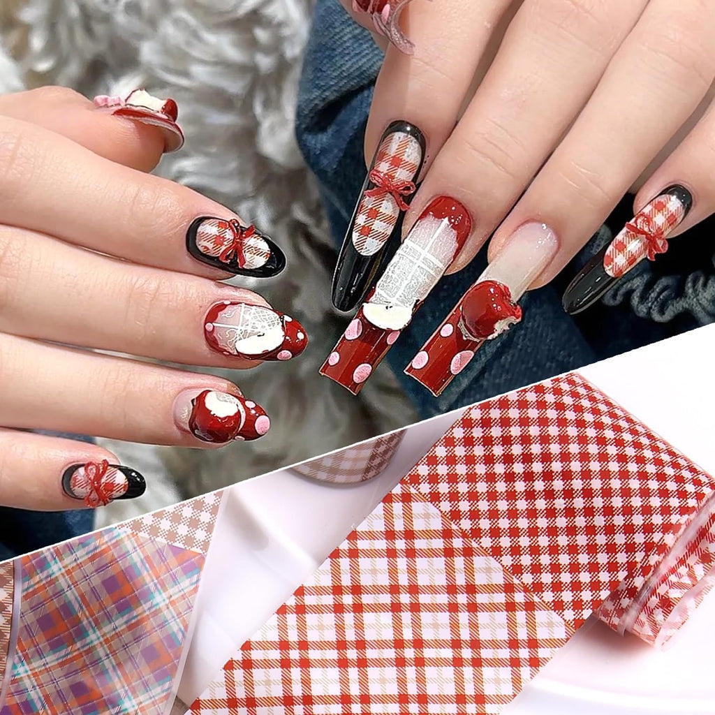 10 Rolls Plaid Nail Art Foil Transfer Sticker Colorful Checkered Pattern