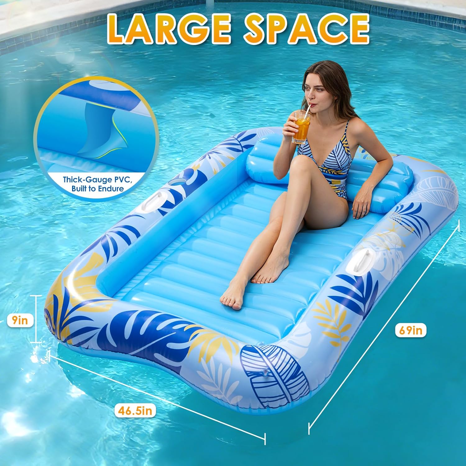 Inflatable Tanning Pool Lounger Float, 70" x 46" Blow up Pool Floats Adult with Pillow and Drink Holder, Sunbathing