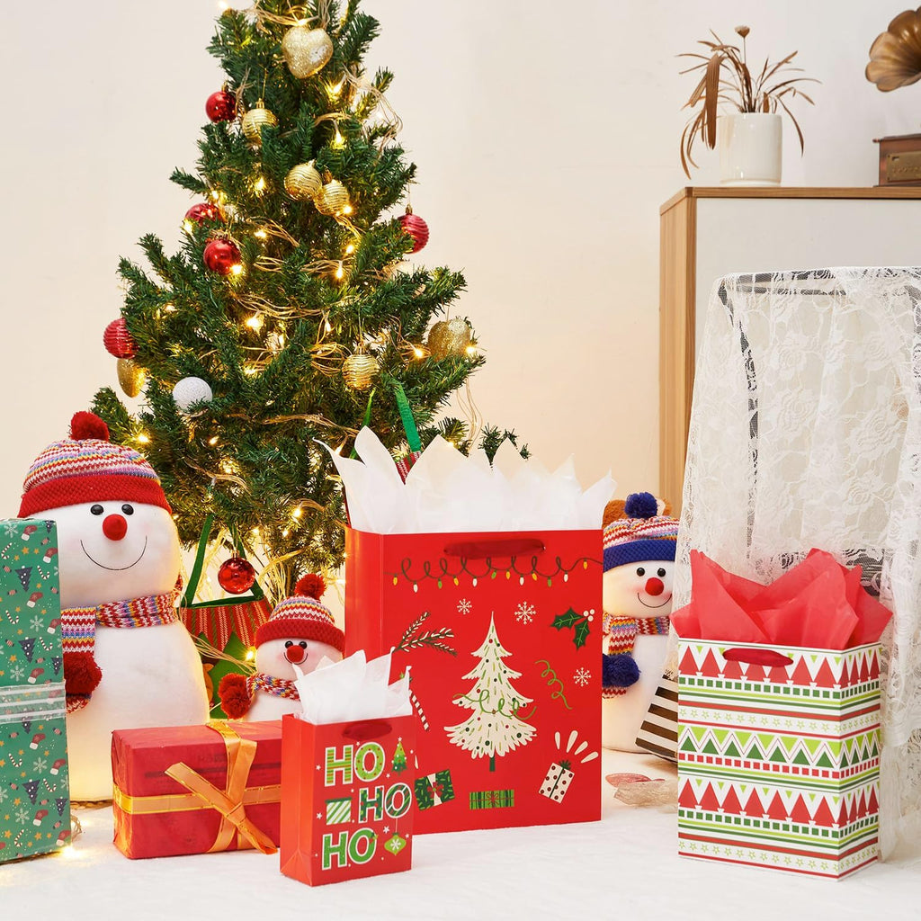 9 Pack Assorted Sizes Red Christmas Gift Bags with Tissue Paper