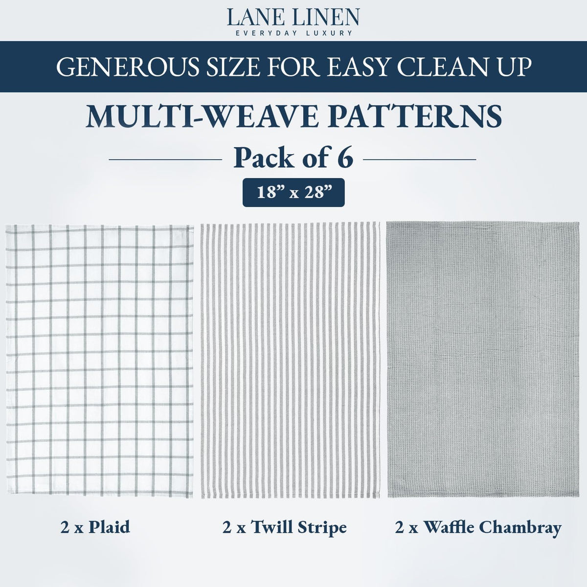 Cotton Kitchen Towels and Dish Cloths Set, 6-Pack – Absorbent, Quick-Drying Dish Towel, 18" x 28", Soft, Premium Hand