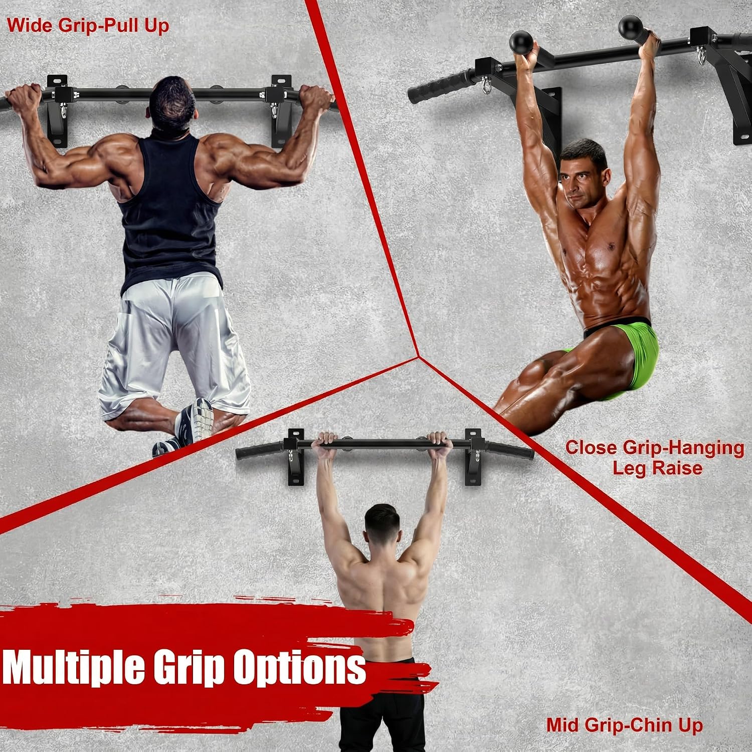 Upgrade Wall Mount Pull Up Bar, Heavy Duty Steel PullUp Bar Fits 24'' Wood Studs, Multi Grip Pull Up Bar with Ball