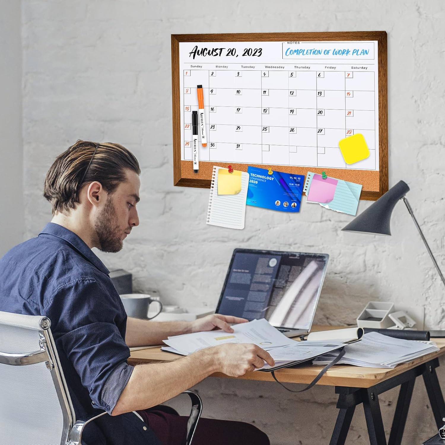 Dry Erase Monthly Calendar Board for Wall, 17"x13" Hanging Board, Magnetic White Boards, Rustic Brown Wood Frame