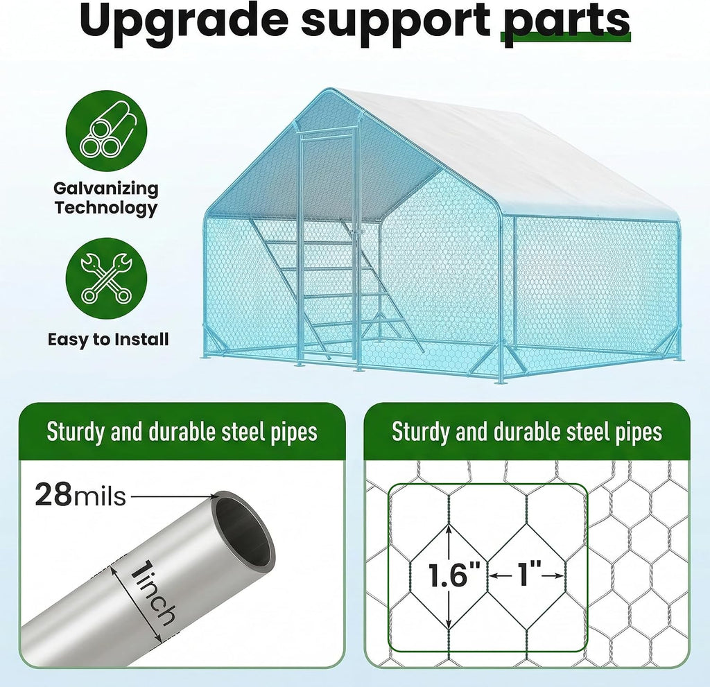 9.8 x 6.5 x 6.5 ft Metal Chicken Coop, Chicken Run with Cover