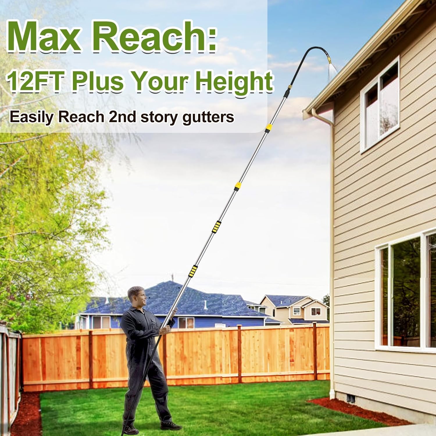 18FT Reach Telescopic Gutter Cleaning Tools from the Ground, Long Reach Gutter Cleaner Wand with Hose Attachment