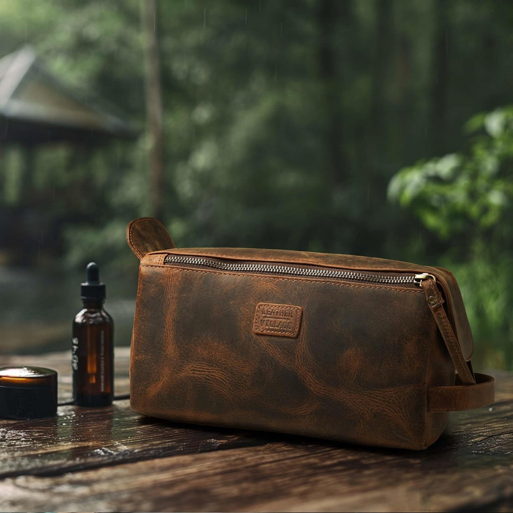 Genuine Leather Travel Toiletry Bag - Water-Resistant Dopp Kit for Toiletries, Large Shaving Bag & Bathroom Organizer