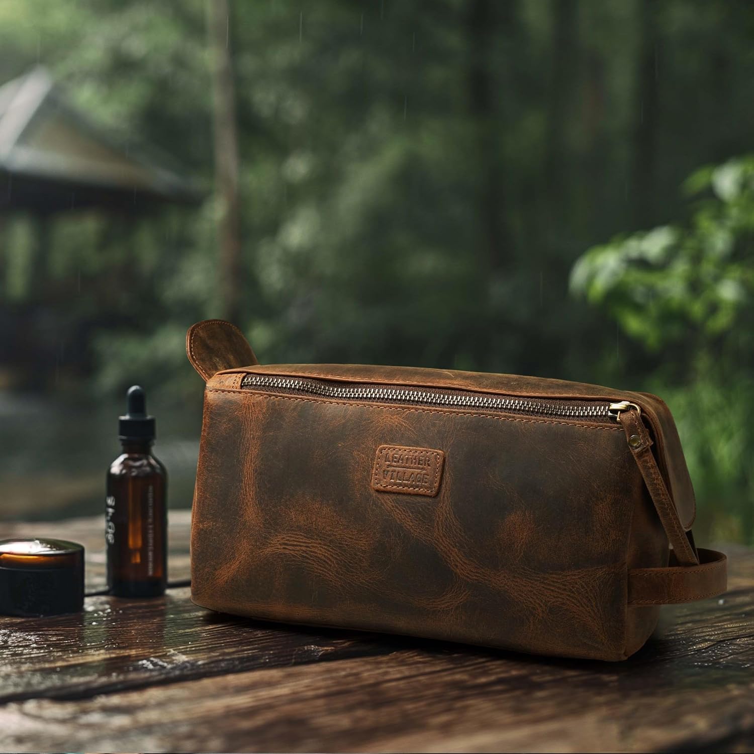 Genuine Leather Travel Toiletry Bag - Water-Resistant Dopp Kit for Toiletries, Large Shaving Bag & Bathroom Organizer