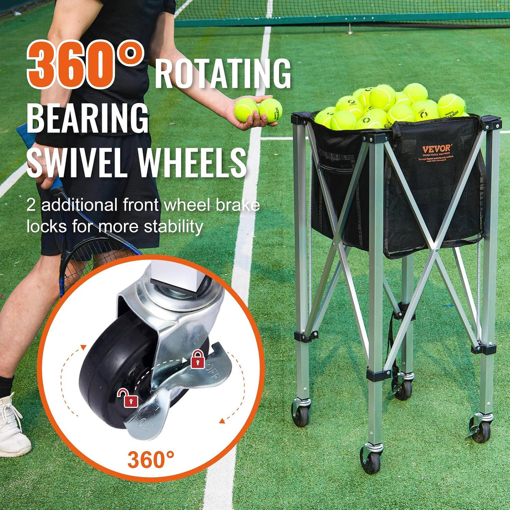 Foldable Tennis Ball Hopper, Holds 150-180 Tennis Balls, Lightweight Aluminum Alloy Tennis Ball Basket Cart with
