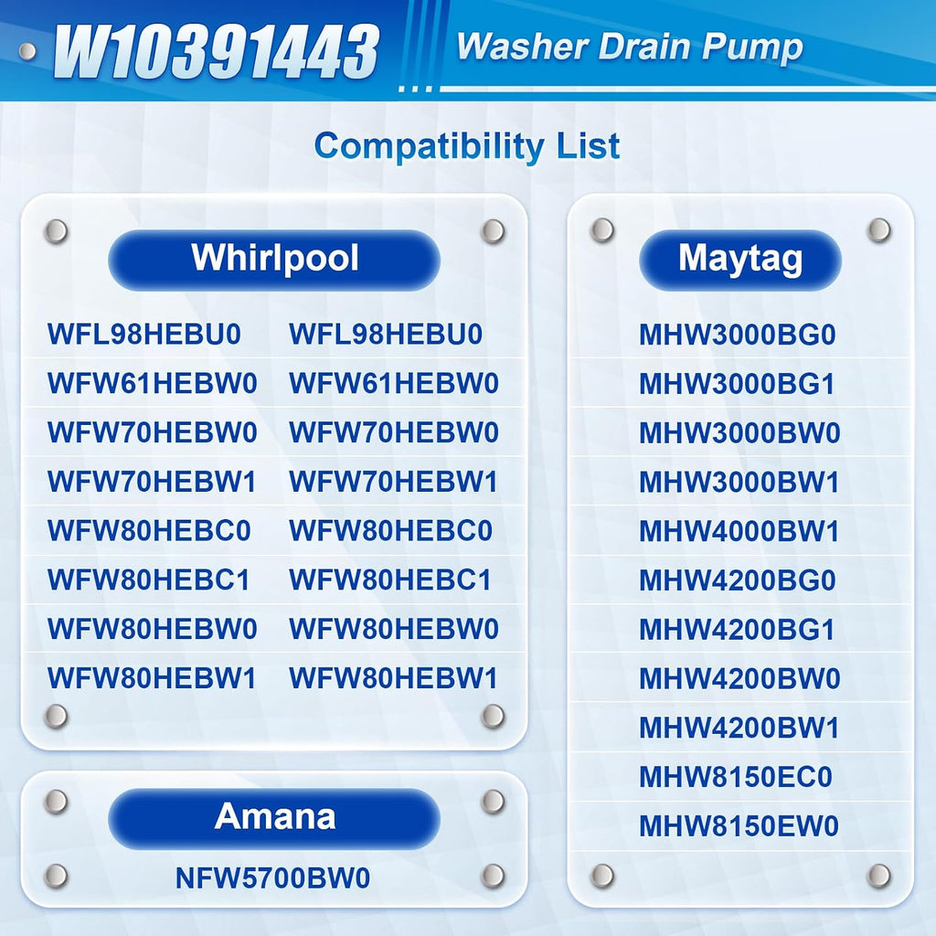 WPW10391443 W10391443 Washer Drain Pump Assembly, Replacement Part3020184 AP6020786 PS11754106 EAP11754106 B40-3A PD00008107, Compatible with Amana Maytag Whirlpool Washers