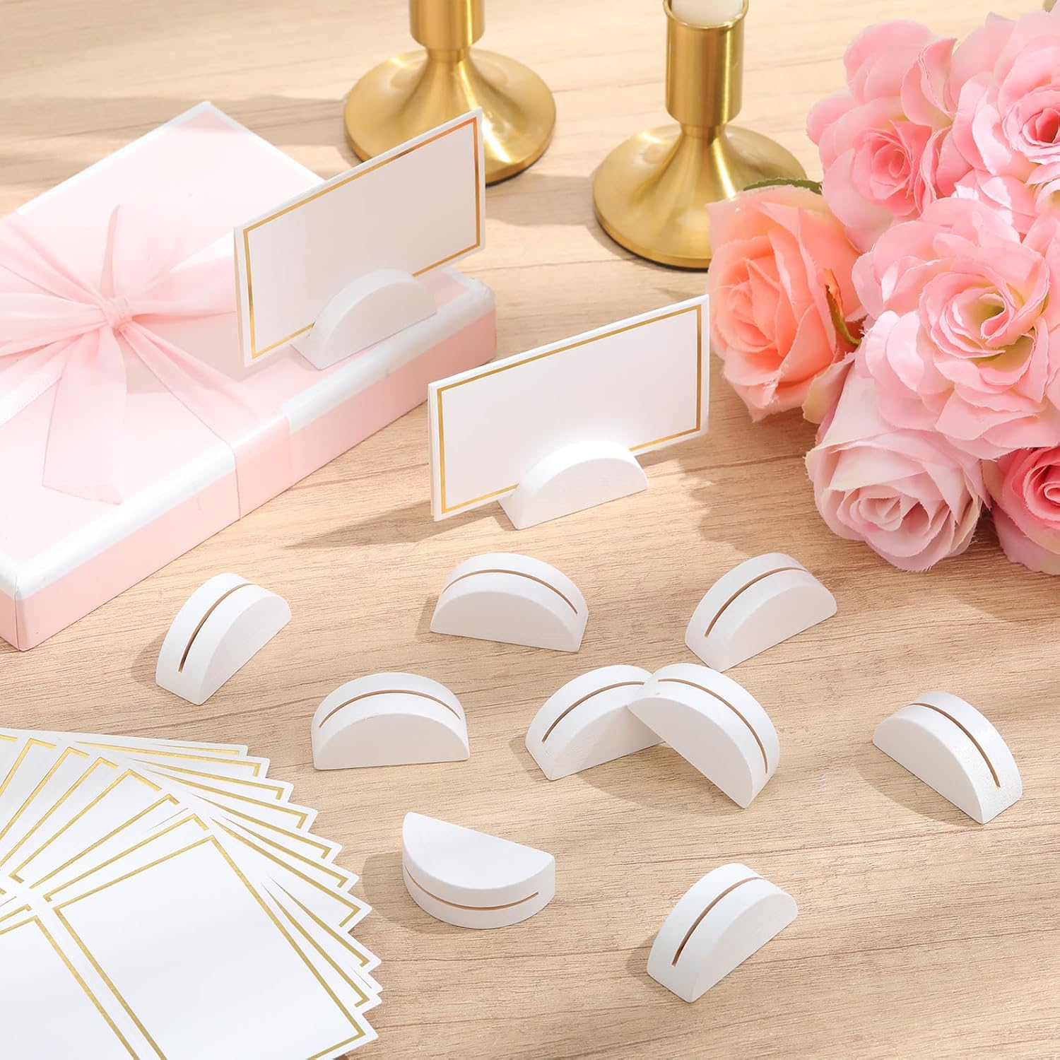 24 Pcs Wooden Table Number Stands with Tented Cards,White | Place Card Holders for Weddings, Semicircle Wood Base