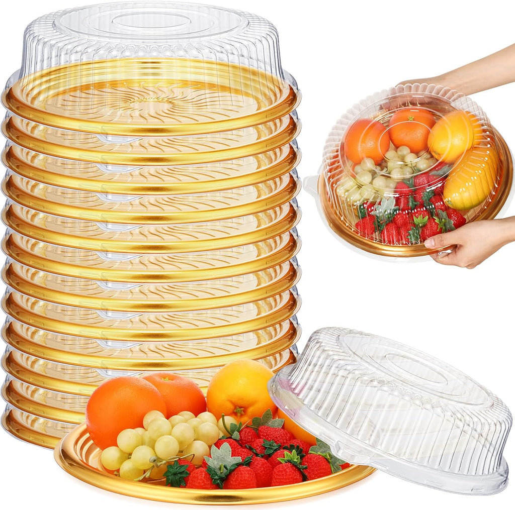 12 Pack Plastic Catering Trays with Lids, 16 Inch Round Gold
