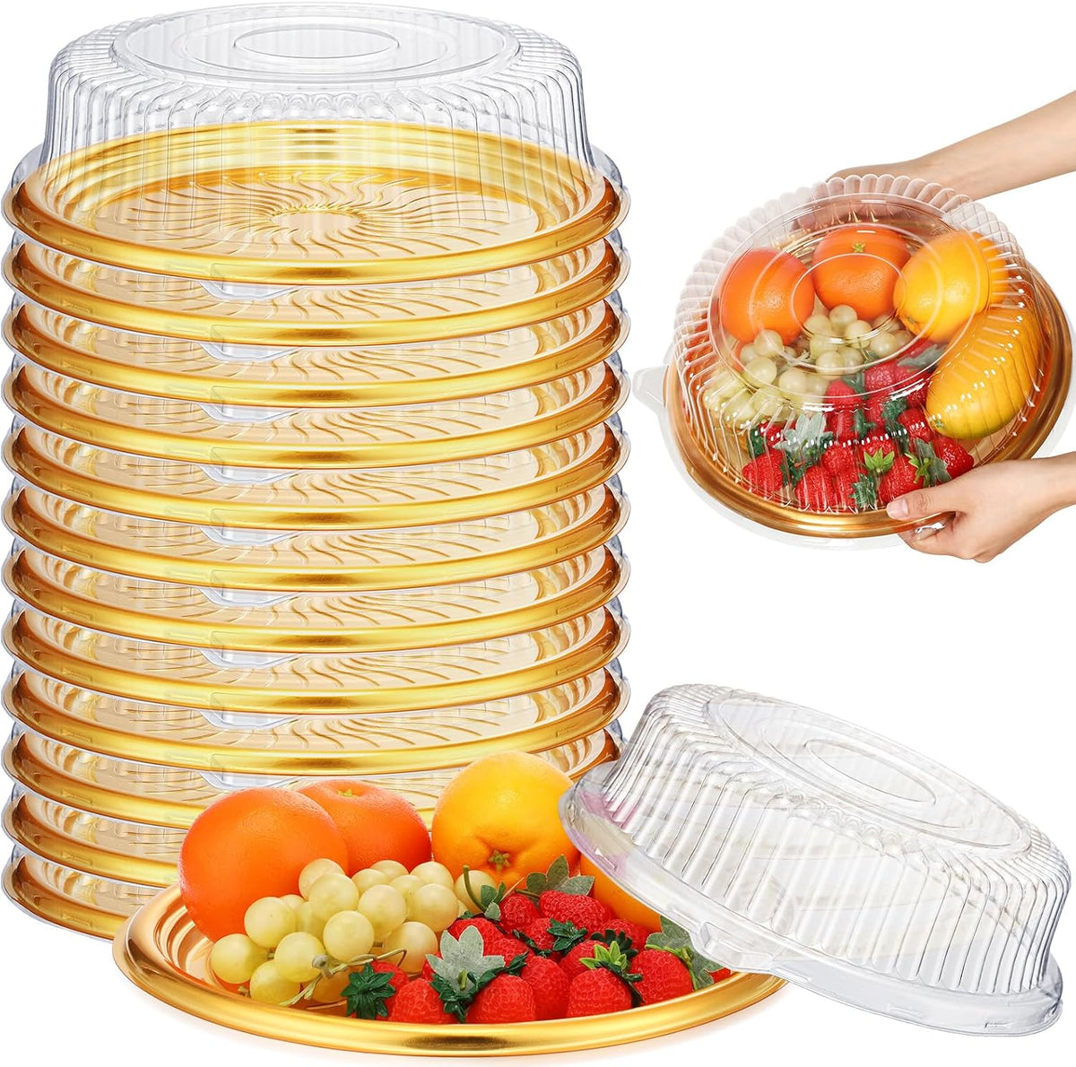 12 Pack Plastic Catering Trays with Lids, 16 Inch Round Gold