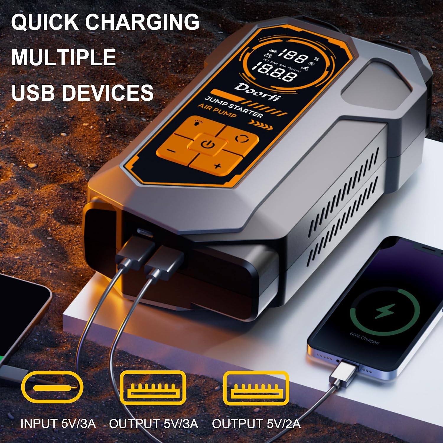 6000A Jump Starter with Air Compressor, 10-in-1 Car Jumper Starter Portable, 150PSI Tire Inflator/Air Pump, LED
