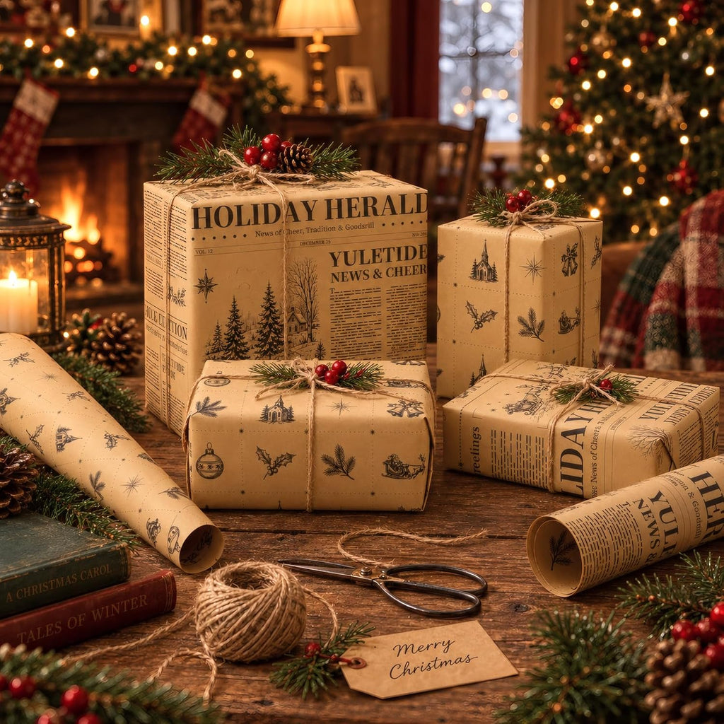 Vintage Christmas Wrapping Paper Rolls,Newspaper Brown Gift Wrap