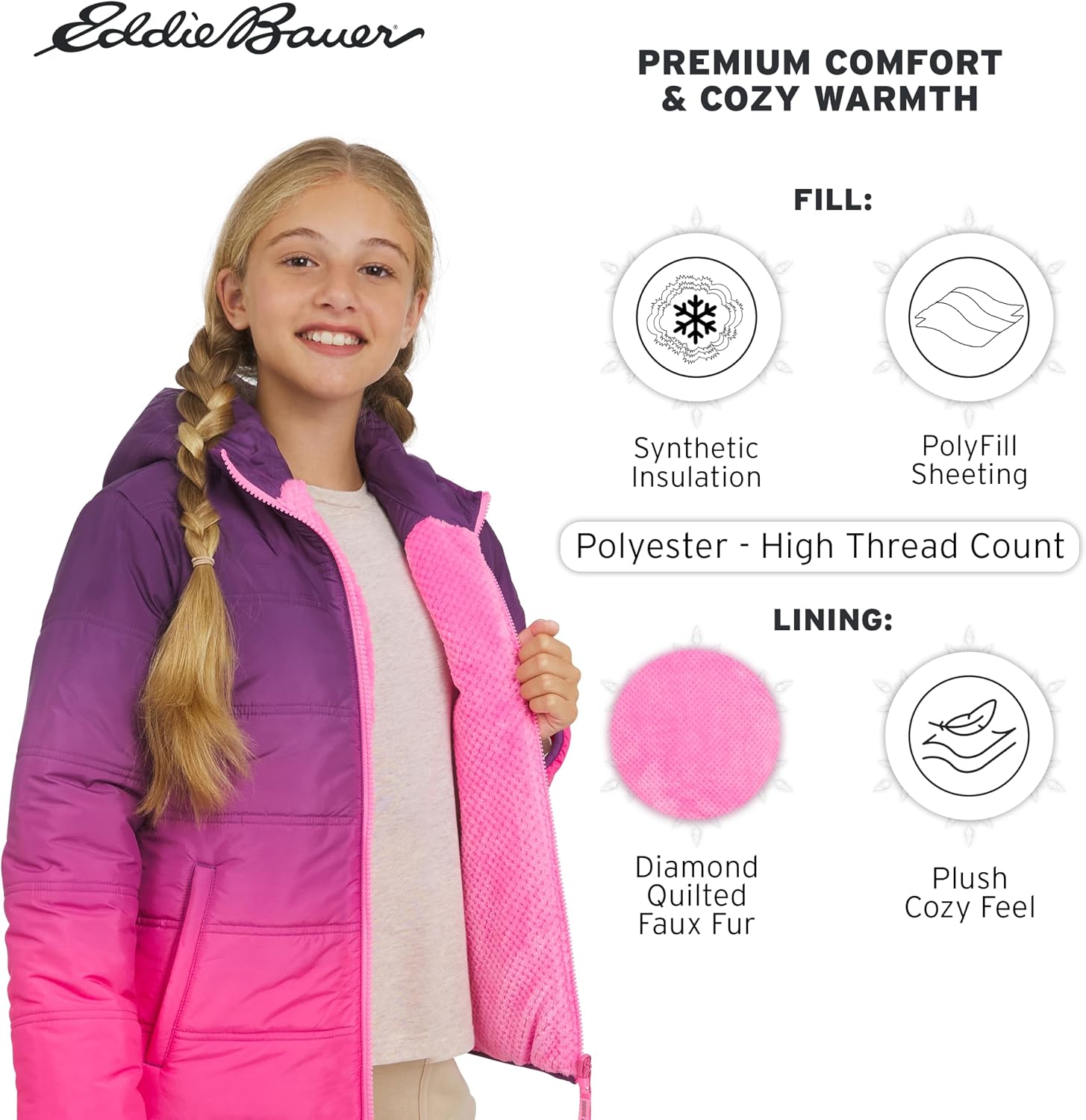 Eddie Bauer Girls' Deer Harbor Reversible Faux Fur Lined Insulated Puffer Jacket