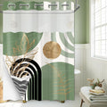 Sage Green Hookless Shower Curtain with Snap in Liner, Boho Mid Century Black and Light Green No Hook Double Layer