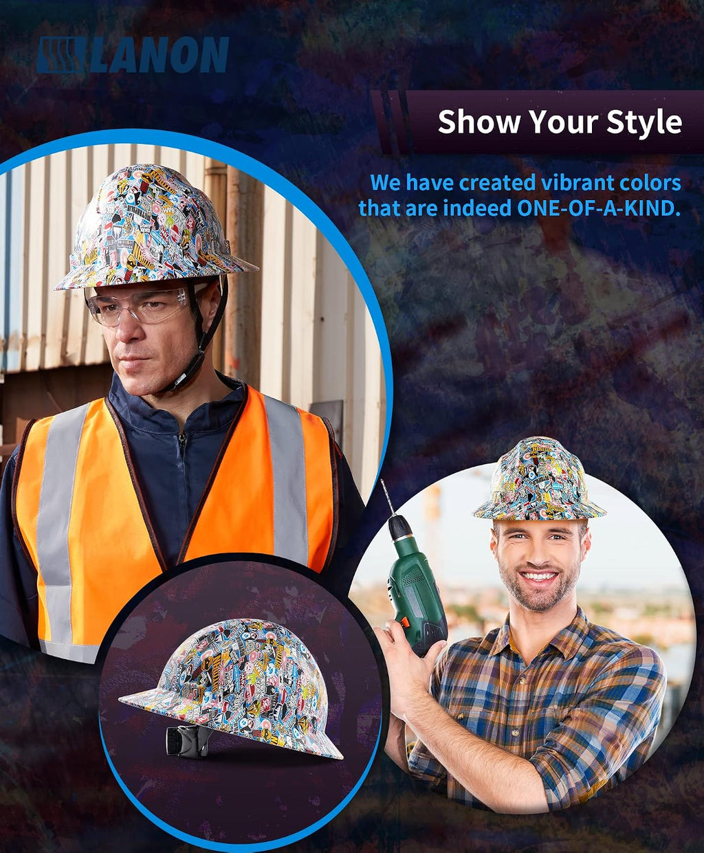 LANON Full Brim FRP Hard Hat, Class C, Premium Multicolor Design | FRP Shell with 4-Point Adjustable Ratchet
