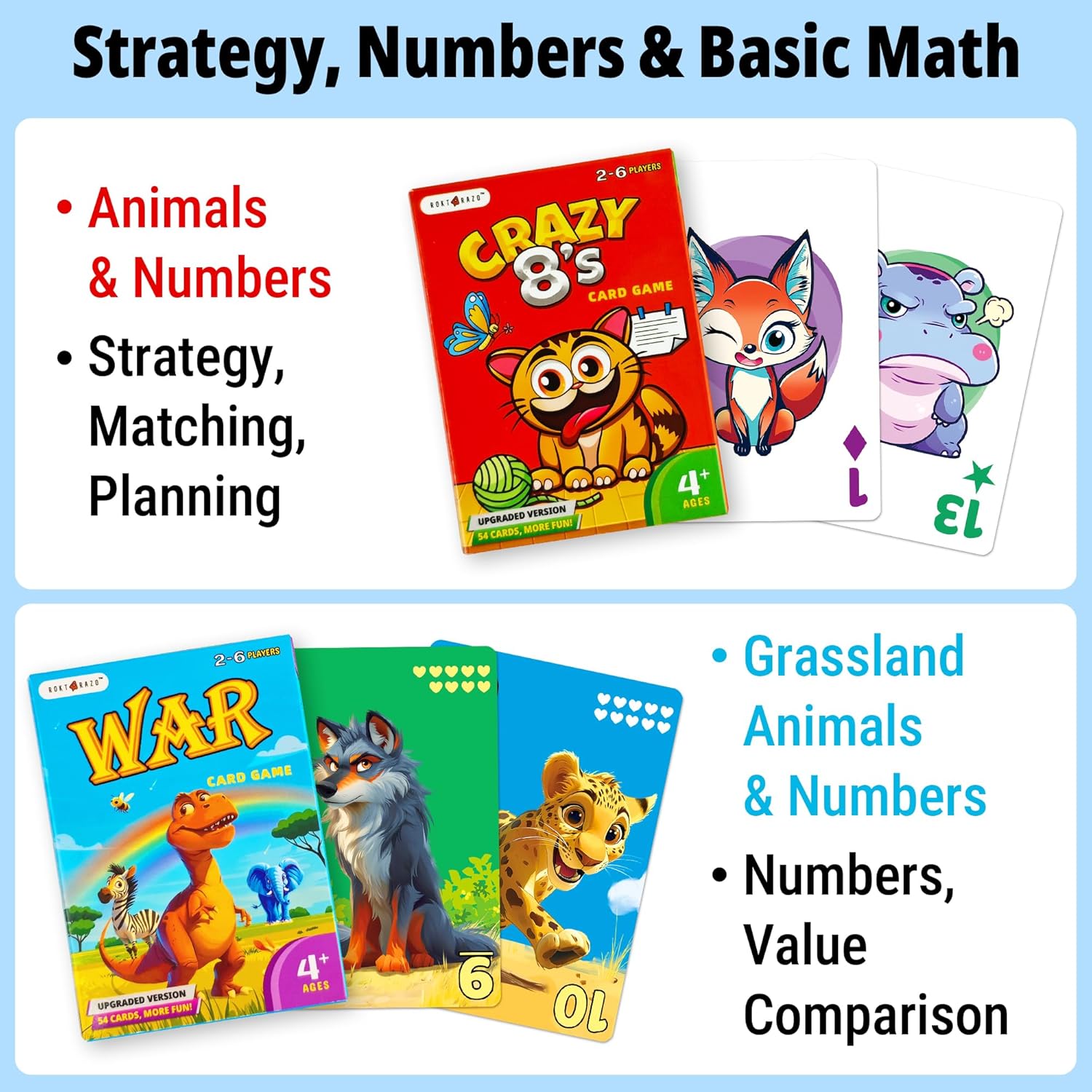 Upgraded Kids Card Games Pack, 6 Decks, Go Fish, Old Maid, Crazy Eights, Memory Match, Slap Jack, War, Playing Cards