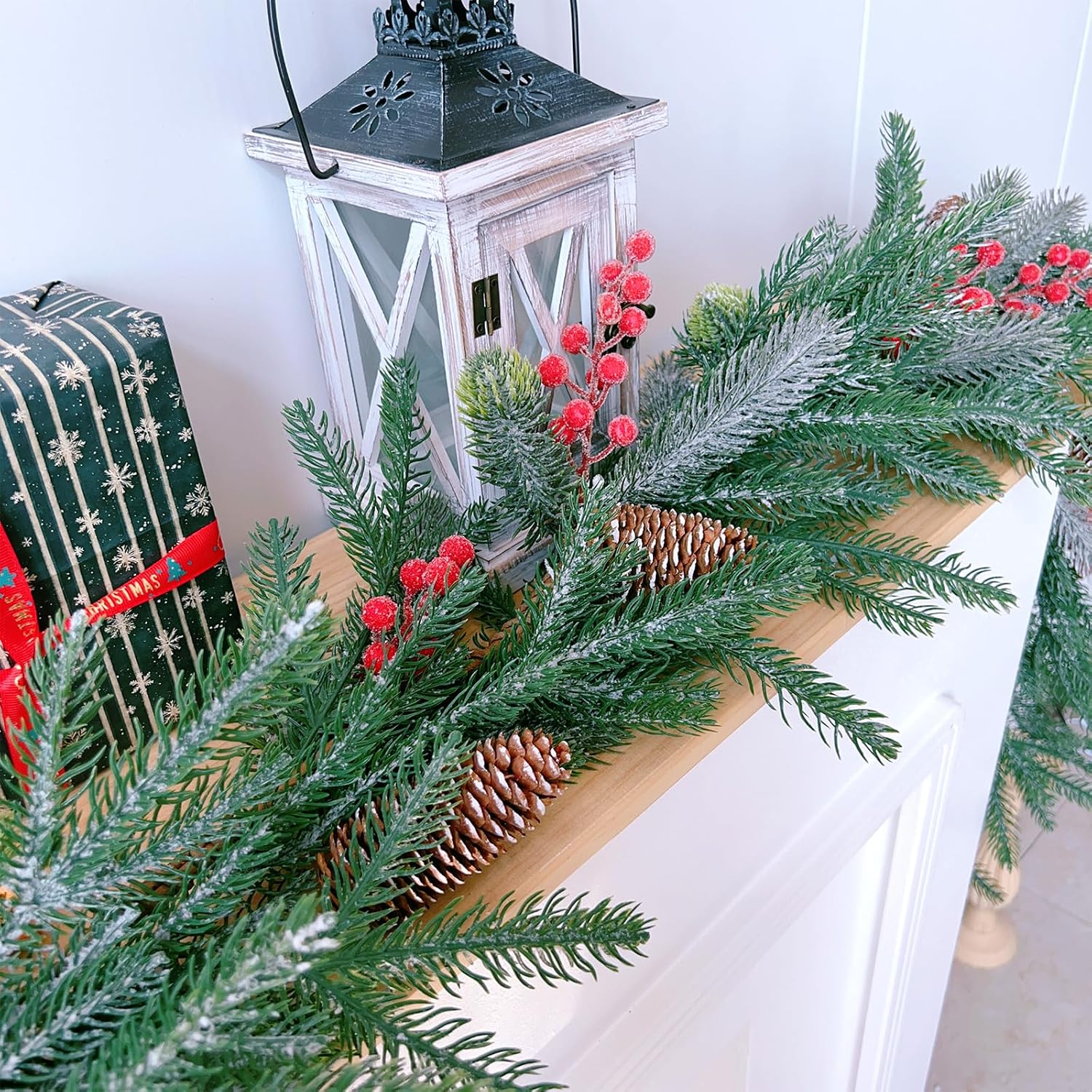 6FT Christmas Garland with Red Berries and Pinecones - Table Decor, Winter Greenery for Holiday Season Mantel