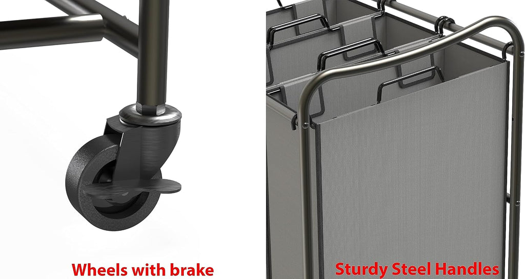 Heavy Duty 3-Bag Laundry Sorter Rolling Cart, Dark Grey | Removable Bags and Lockable Wheels for Laundry Room