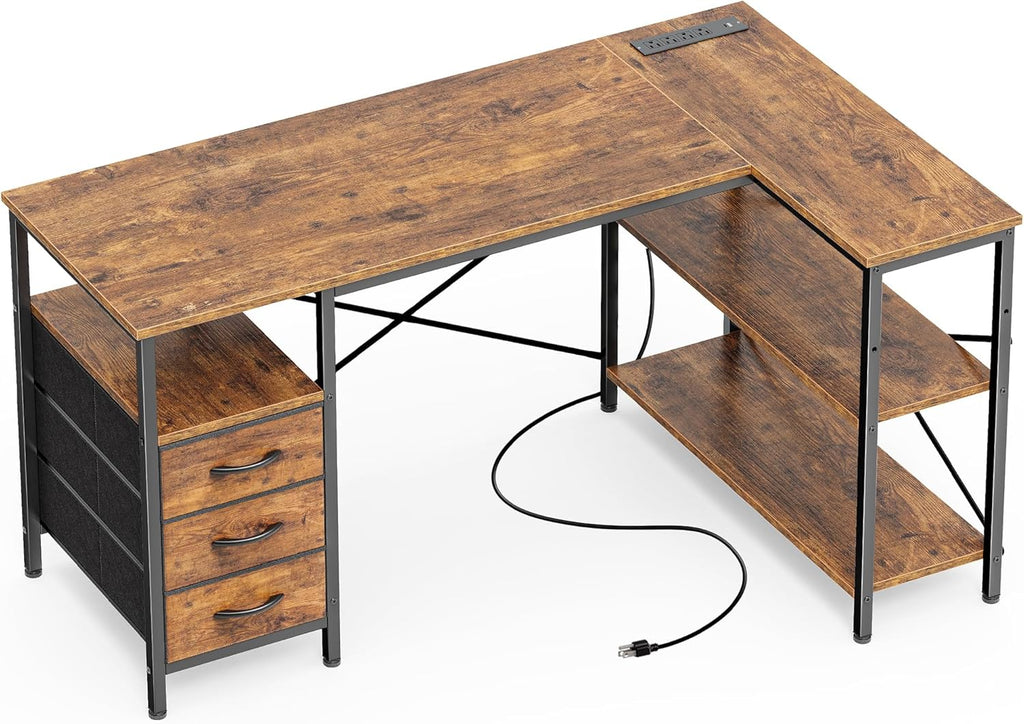 L Shaped Office Desk with Power Outlets, 47 Inch Computer Desk with 3 Drawers, Shelves