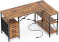 L Shaped Office Desk with Power Outlets, 47 Inch Computer Desk with 3 Drawers, Shelves