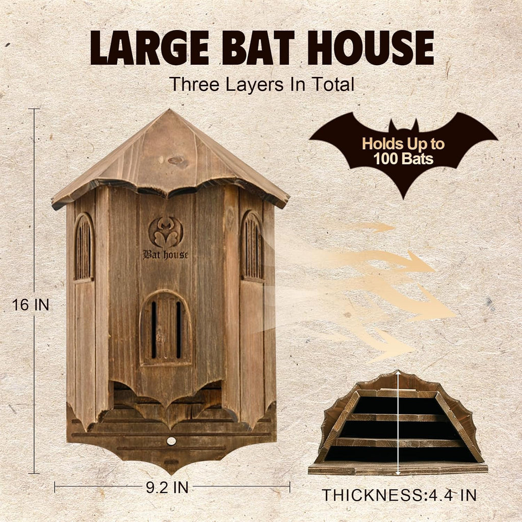 Bat House for Outdoors, Castle 3-Chamber Bat Box, 100-Capacity
