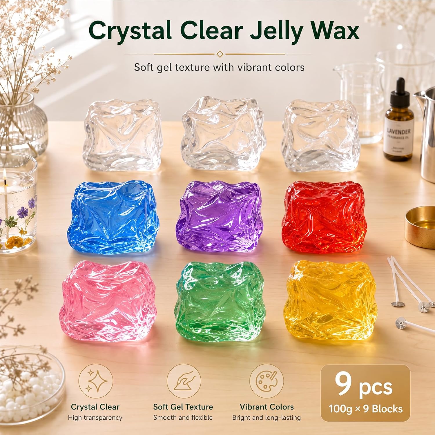 Jelly Candle Making Kit,9pcs Gel Wax -7 Colors Candle Making kit，Includes Wax Wicks Wick Stickers，Wooden Wick Holders
