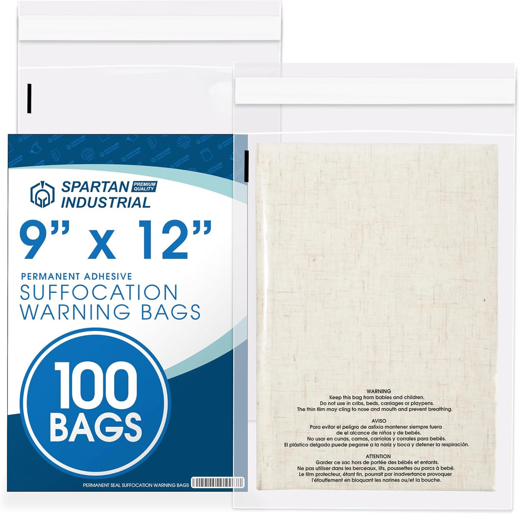 9" X 12" (100 Count) Self Seal Clear Poly Bags with Suffocation Warning