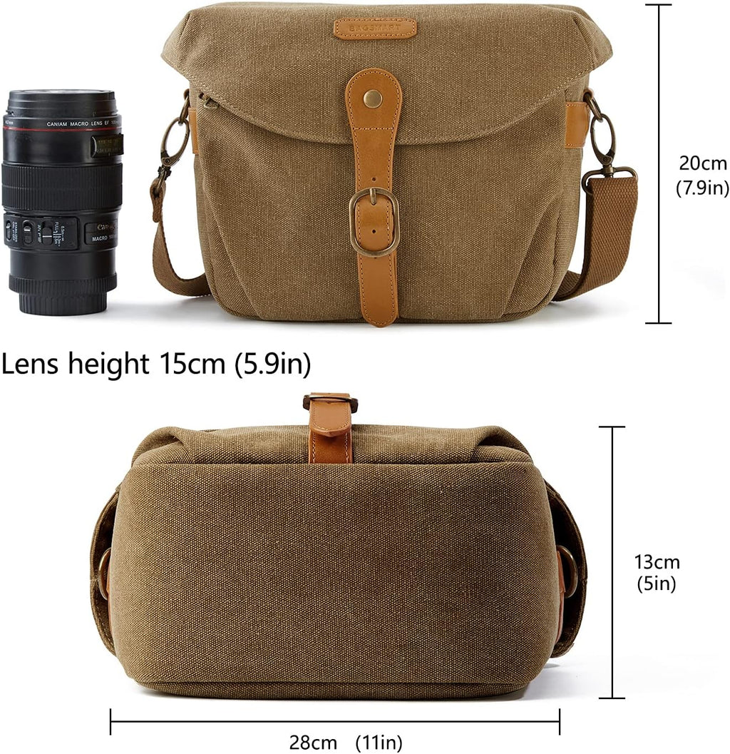 Canvas Crossbody Camera Bag with Rain Cover for Women Men, Khaki | SLR DSLR Camera Case, Compact Camera Shoulder Bag