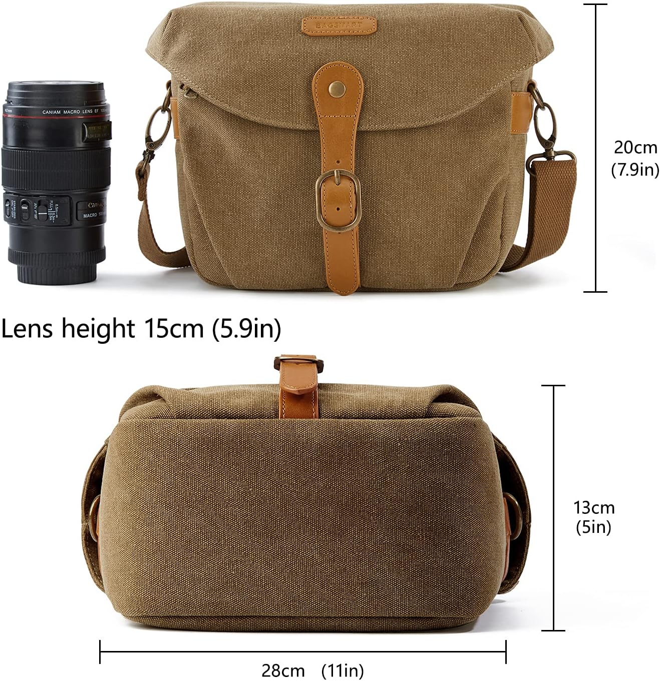Canvas Crossbody Camera Bag with Rain Cover for Women Men, Khaki | SLR DSLR Camera Case, Compact Camera Shoulder Bag