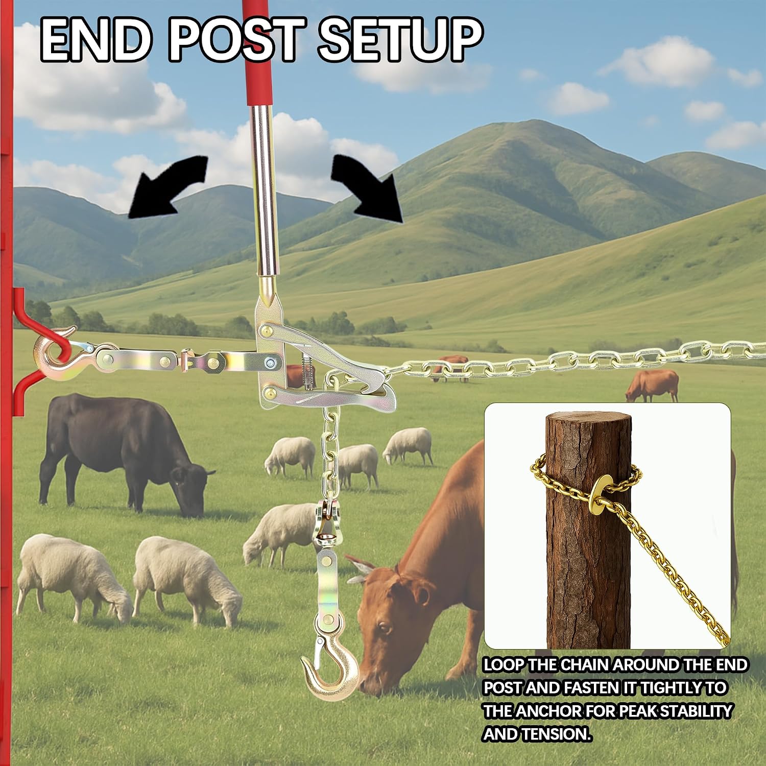 [2-Pack] Heavy Duty Fence Stretcher Tools with 20ft Chains, 2200lbs Capacity Wire Tensioners & Pullers for Ranch/Farm