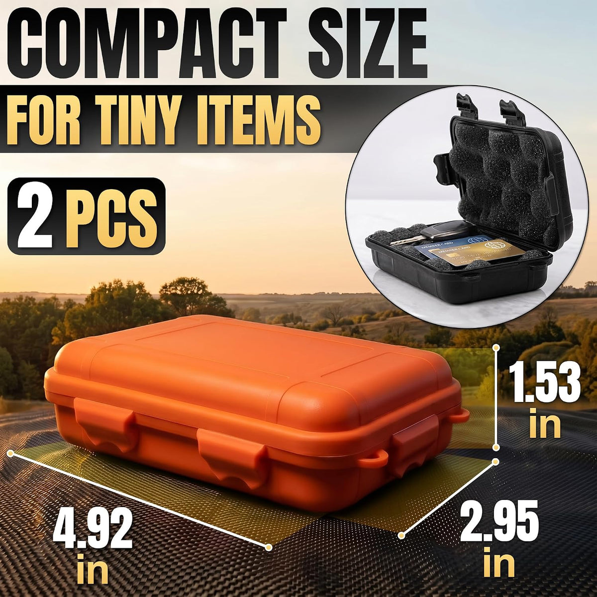 Small Waterproof Box, 2 Pcs, 4.92x2.95x1.53", Foam Insert (Black/Orange)